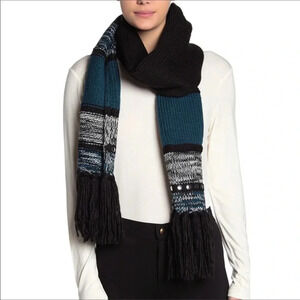 Michael Kors Embellished Fringe Neck Scar Wrap Studs Luxe Teal Chunky Knit Black